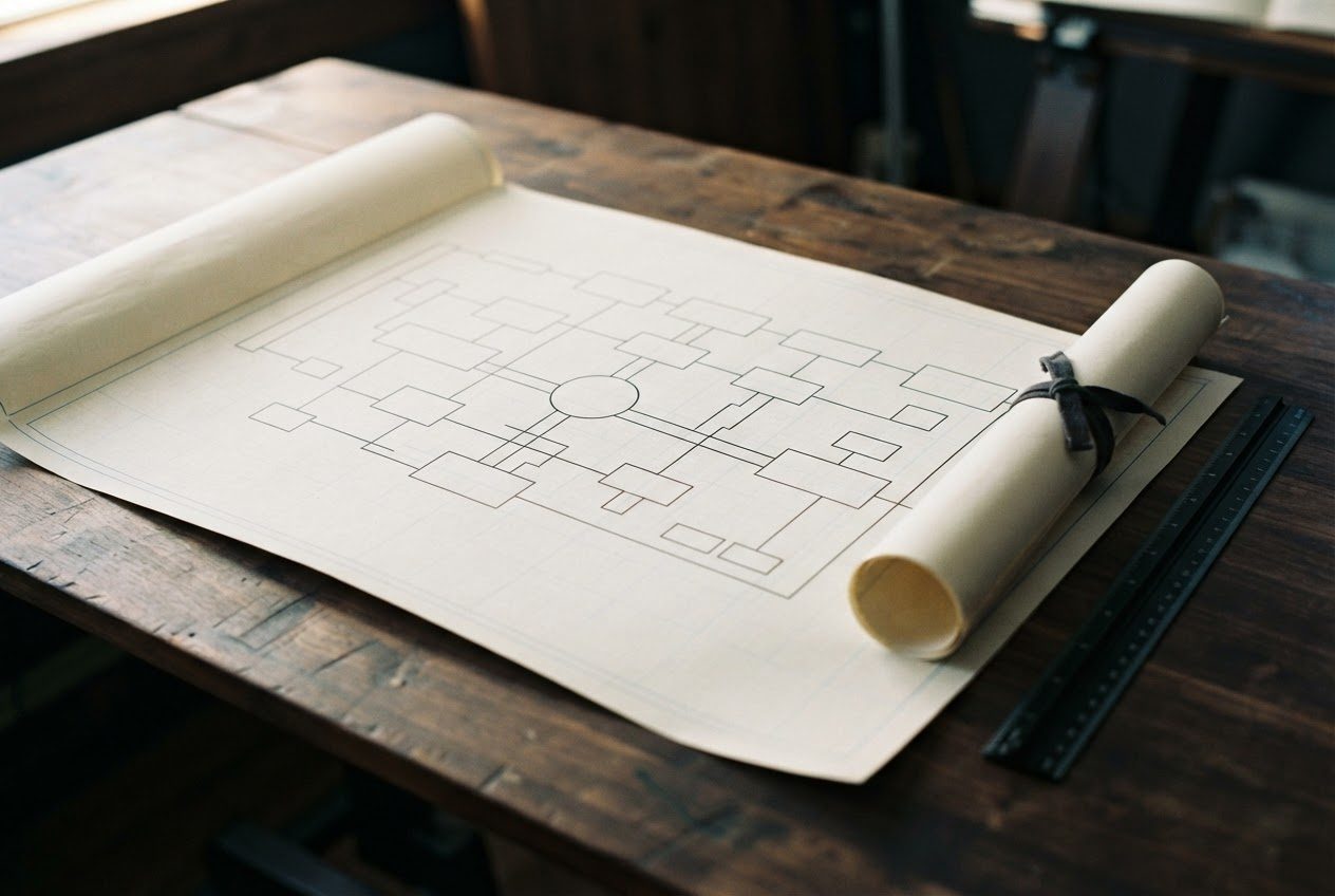 Imagen ilustrativa: sobre una mesa de madera, un plano de ingeniería desenrollado muestra un diagrama trazado a línea, sin texto ni cifras; junto a él, un rollo de planos atado y una regla metálica.