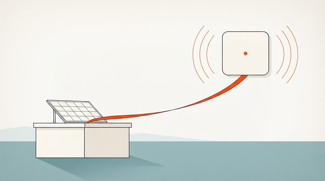 Ilustración: una nave con arreglo solar sobre suelo teal. Del arreglo sale una cinta naranja que sube hasta un panel flotante de esquinas redondeadas, con un punto naranja al centro y arcos concéntricos alrededor.