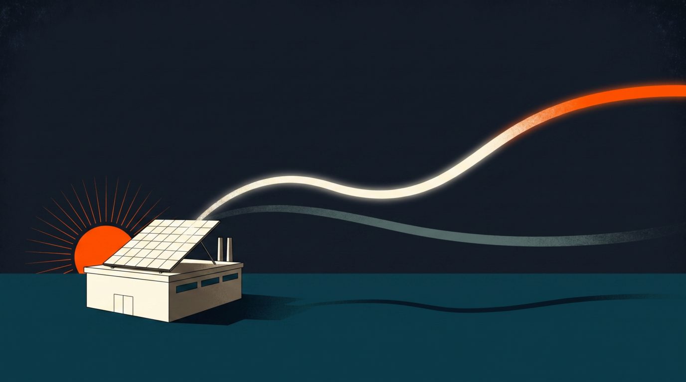 Ilustración: de un arreglo solar sobre una nave industrial salen dos cintas de luz hacia la derecha. La clara remonta hasta lo alto del cuadro y termina en naranja; la apagada, gris azulada, se queda abajo y casi plana. Detrás de la nave, un sol naciente sobre suelo teal.