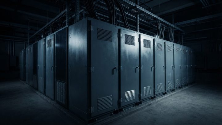 Imagen ilustrativa: fila de gabinetes de almacenamiento de energía en una sala eléctrica, con charola de cables al techo.