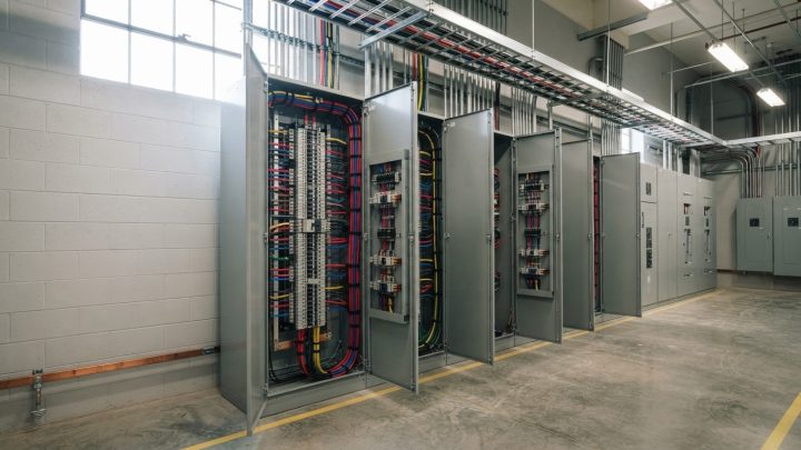 Imagen ilustrativa: sala eléctrica industrial con una hilera de tableros de baja tensión abiertos, que dejan ver interruptores y cableado peinado, con charola de cables al techo.