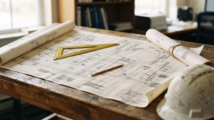 Imagen ilustrativa: mesa de dibujo con planos eléctricos desplegados, escalímetro, lápiz y un casco apoyado en la orilla.