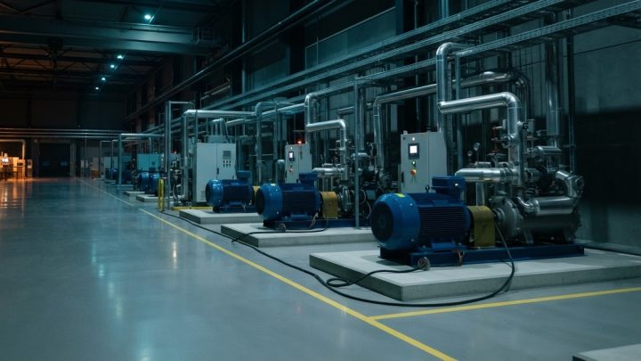 Imagen ilustrativa: nave industrial en penumbra con una hilera de motores eléctricos acoplados a bombas de proceso sobre bases de concreto, tableros de control detrás y tubería de acero al techo.