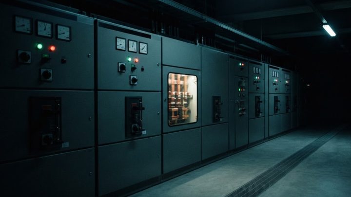 Imagen ilustrativa: sala eléctrica en penumbra con una hilera de tableros eléctricos, carátulas de instrumentos, luces indicadoras y una mirilla iluminada.
