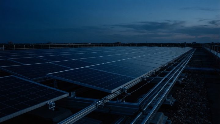Imagen ilustrativa: hilera de módulos fotovoltaicos sobre estructura de azotea con luz de anochecer.